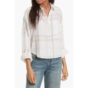 Free People Cutie Button Down Long Sleeve Plaid Shirt Ivory Top Size Medium